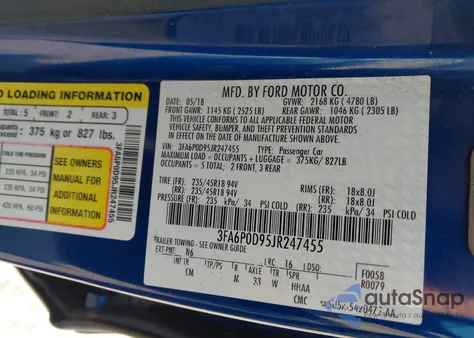 2018 Ford Fusion Titanium z USA, uszkodzony, nr VIN 3FA6P0D95JR247455